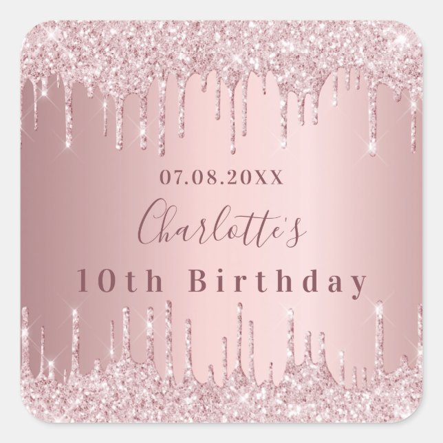 Birthday party pink dusty rose glitter drip luxury square sticker (Front)