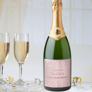 Birthday party pink dusty rose glitter monogram sparkling wine label