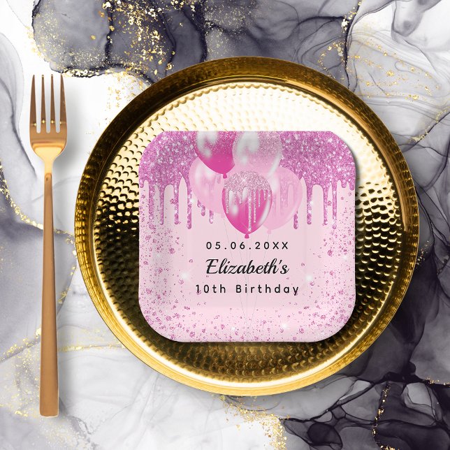 Birthday party pink glitter balloons girl  paper plate (Creator Uploaded)