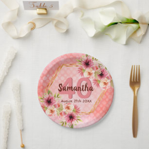 Birthday party pink gold geometric floral paper plate