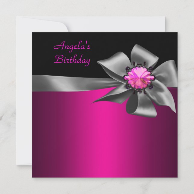Birthday Party Pink Grey Bow Black Pink Jewel Invitation (Front)