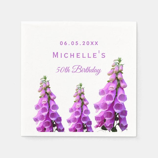 Birthday party pink purple floral white name napkin (Front)
