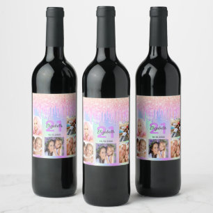 Birthday party pink purple glitter drips photo wine label