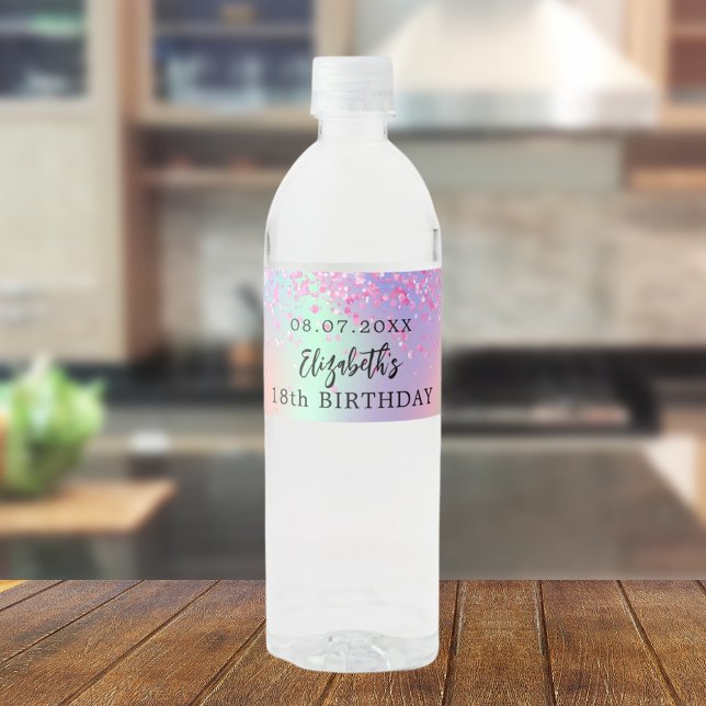 Birthday party pink purple glitter holographic water bottle label (Creator Uploaded)