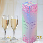Birthday party pink purple glitter holographic wine box<br><div class="desc">A girly trendy iridescent background with unicorn and rainbow pastel colours in pink,  purple,  rose gold,  mint green. Decorated with faux glitter,  sparkles.  Personalise and add a name and age.</div>