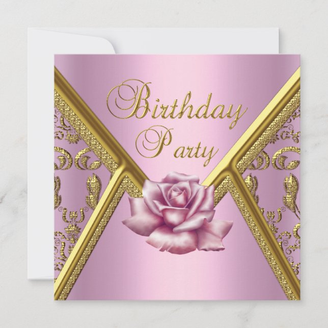 Birthday Party Pink Rose Damask Gold Image Invitation (Front)