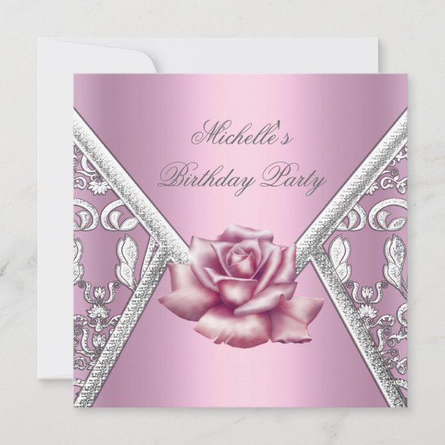 Birthday Party Pink Rose Damask Silver Image Invitation (Front)