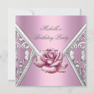 Birthday Party Pink Rose Damask Silver Image Invitation