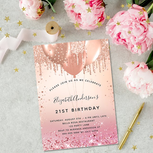 Birthday party pink rose gold balloons luxury invitation (Creator Uploaded)