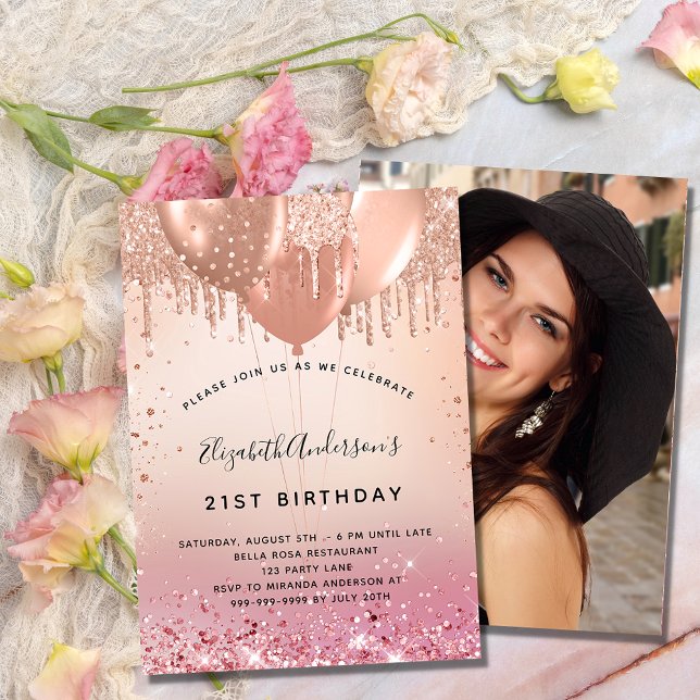 Birthday party pink rose gold balloons photo invitation (Creator Uploaded)