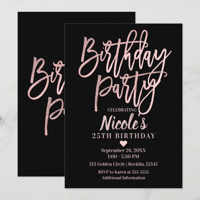 Birthday Party Pink Rose Gold Foil & Black Modern Invitation (Front/Back)