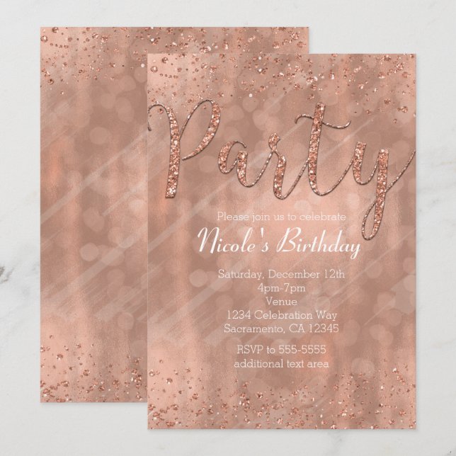 Birthday Party Pink Rose Gold Glamour Invitations (Front/Back)