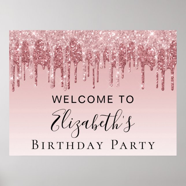 Birthday Party Pink Rose Gold Glitter Welcome Poster (Front)