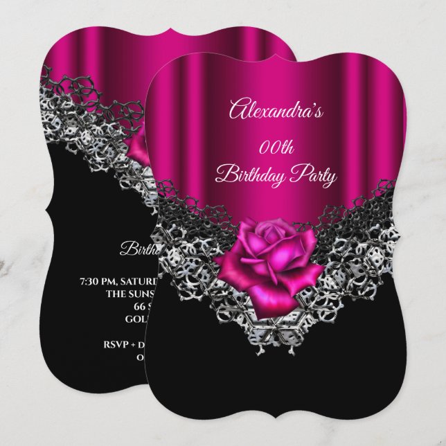 Birthday Party Pink Rose Lace Black Silver Invitation (Front/Back)