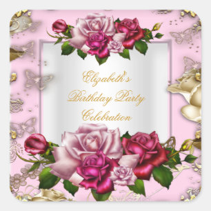 Birthday Party Pink Roses White Gold Cream Square Sticker