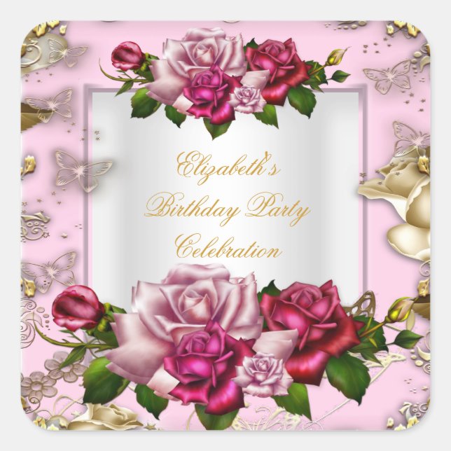 Birthday Party Pink Roses White Gold Cream Square Sticker (Front)