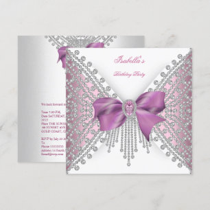 Birthday Party Pink Silver White Diamond Bow 2 Invitation
