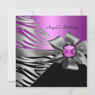 Birthday Party Pink Silver Zebra Black Grey Bow Invitation