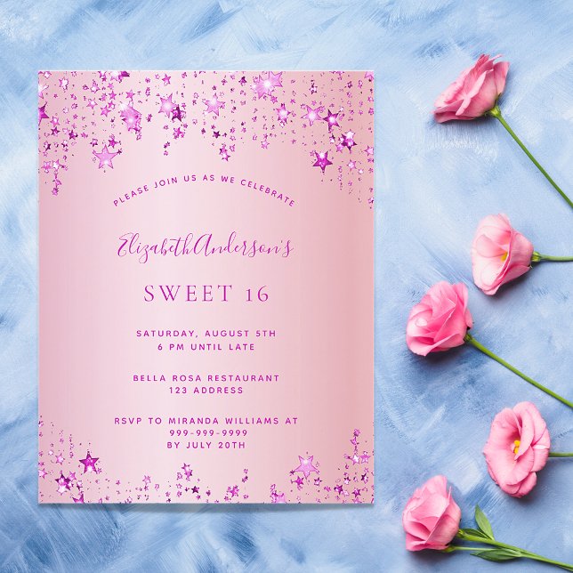 Birthday party pink stars budget invitation flyer (Creator Uploaded)