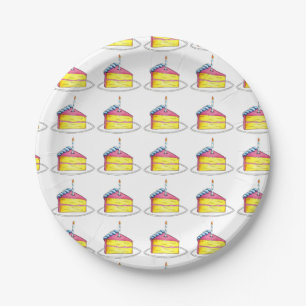 Birthday Party Pink Yellow Layer Cake Slice Foodie Paper Plate