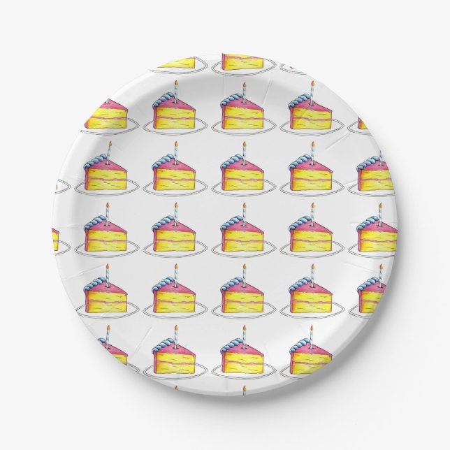 Birthday Party Pink Yellow Layer Cake Slice Foodie Paper Plate (Front)