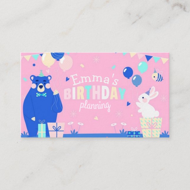 Birthday party planning business card (Front)