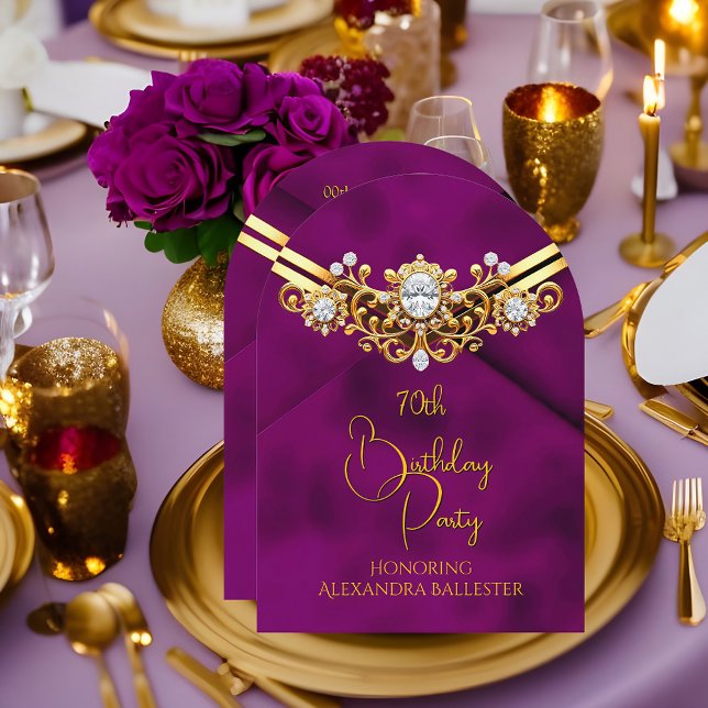 Birthday Party Plum Faux Velvet Gold Diamonds Gems Invitation (Creator Uploaded)