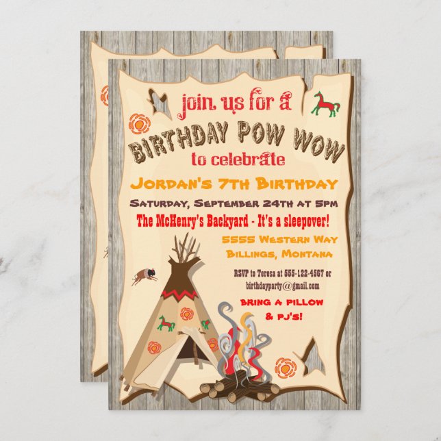 Birthday Party Pow Wow Teepee Invitations (Front/Back)