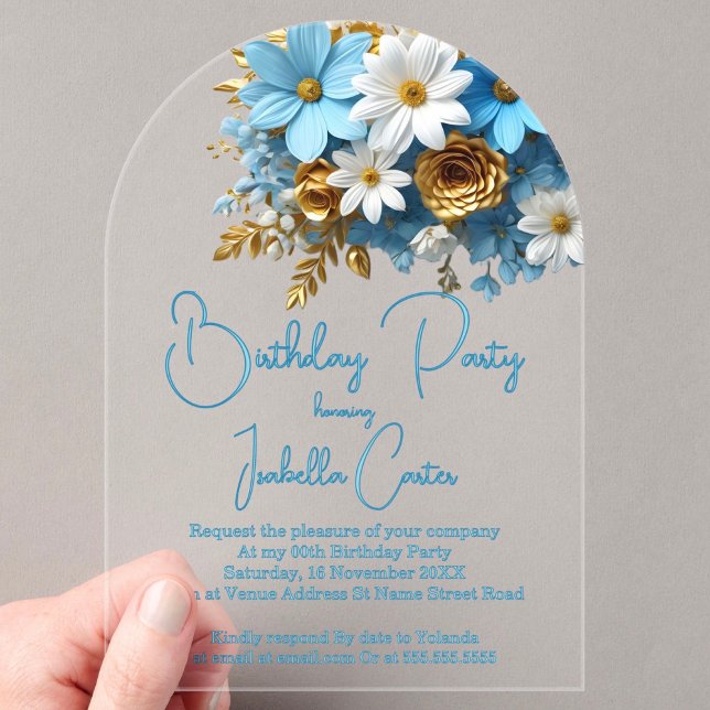 Birthday Party Powder Blue Gold White Floral Acrylic Invitations (Creator Uploaded)