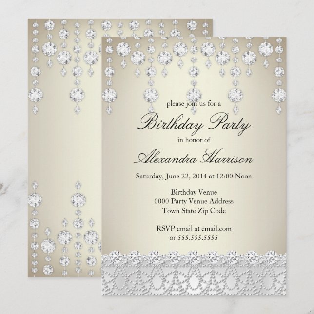 Birthday Party Pretty Crystal Silver Sepia Diamond Invitation (Front/Back)