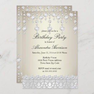 Birthday Party Pretty Crystal Silver Sepia Diamond Invitation