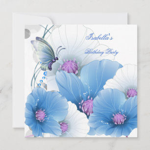 Birthday Party Pretty Floral Blue White Butterfly Invitation
