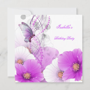 Birthday Party Pretty Floral Lilac White Butterfly Invitation