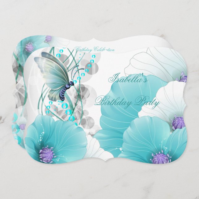 Birthday Party Pretty Floral Teal White Butterfly Invitation (Front/Back)