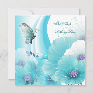 Birthday Party Pretty Floral Teal White Butterfly Invitation
