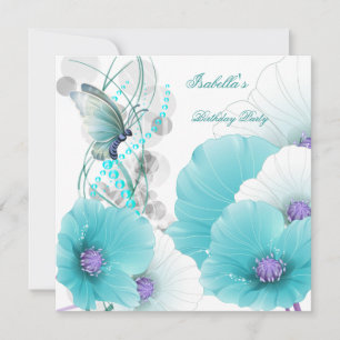 Birthday Party Pretty Floral Teal White Butterfly Invitation