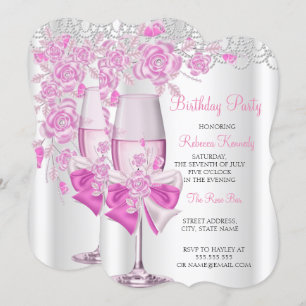 Birthday Party Pretty Pink Rose Champagne Invitation