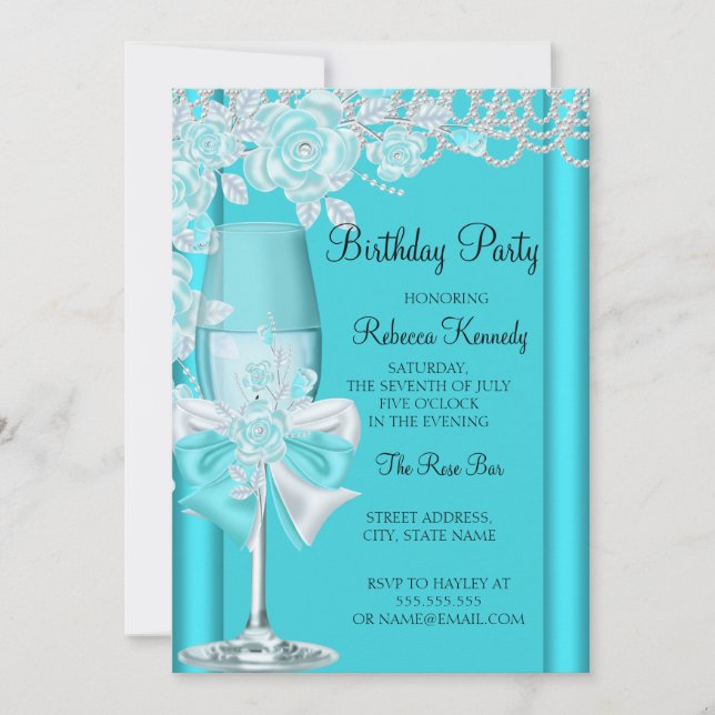 Birthday Party Pretty Teal Blue Rose Champagne 2 Invitation (Front)