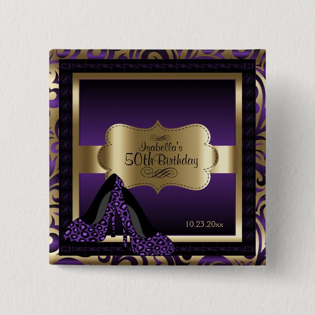 Birthday Party | Purple and Gold 15 Cm Square Badge (Front)