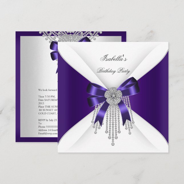 Birthday Party Purple Bow Silver White Diamond Invitation (Front/Back)