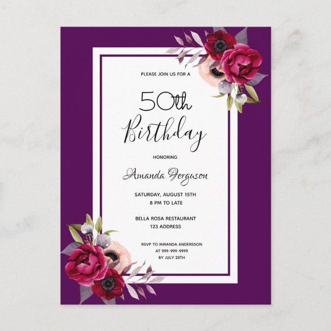 Birthday party purple burgundy florals invitation postcard (Front)