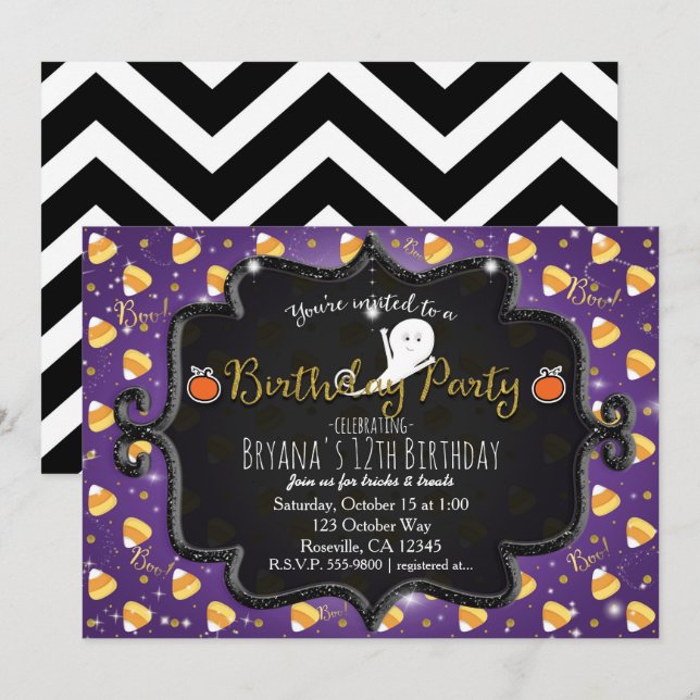 BIRTHDAY PARTY Purple Candy Corn Ghost Invitation (Front/Back)