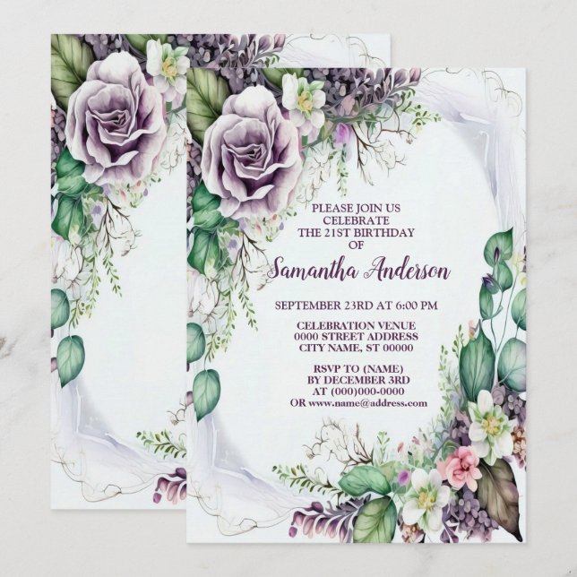 Birthday Party Purple Floral Green Foliage Elegant Invitation (Front/Back)