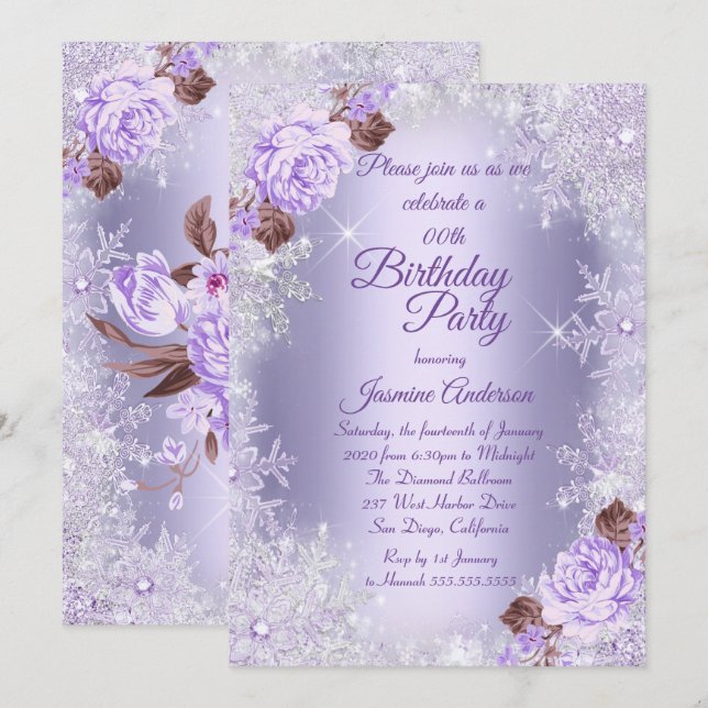 Birthday Party Purple Floral Winter Wonderland Invitation (Front/Back)