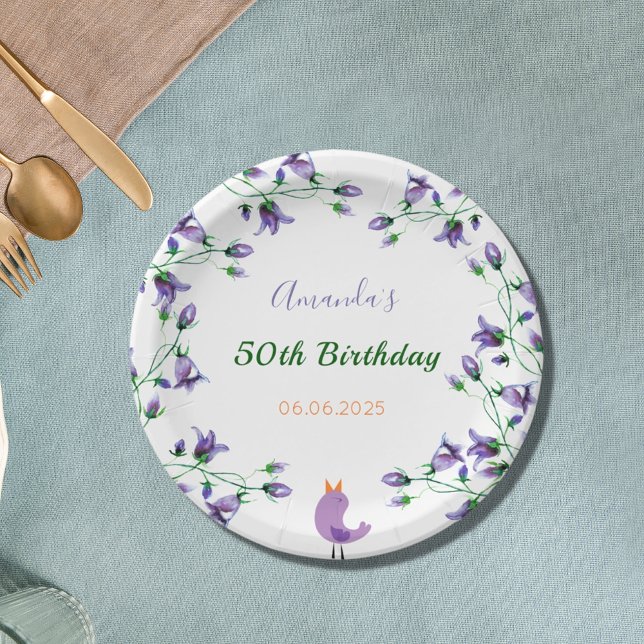 Birthday party purple florals bluebells white paper plate (Creator Uploaded)
