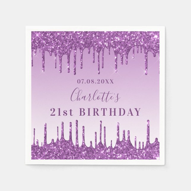 Birthday party purple glitter drip monogram luxury napkin (Front)