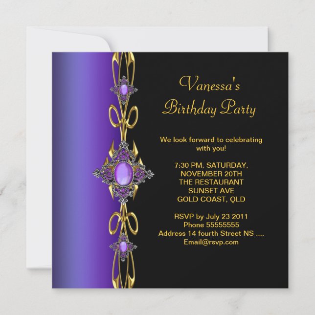 Birthday Party Purple Gold Black Invitation (Front)