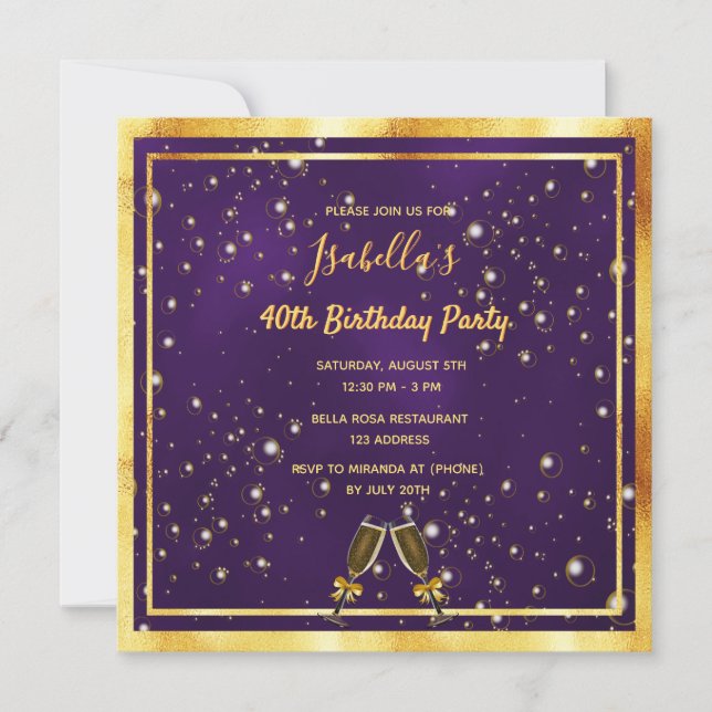 Birthday party purple gold bubbles fun invitation (Front)