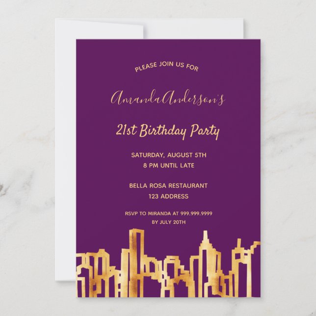 Birthday party purple gold city skyline invitation (Front)