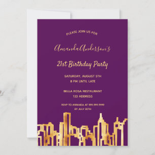 Birthday party purple gold city skyline invitation